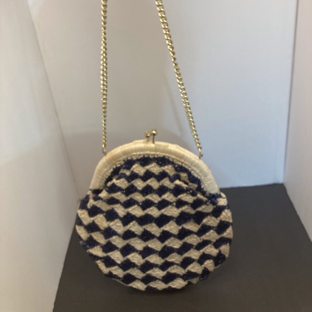 Vintage Takahashi Hand Crocheted Blue and White Purse